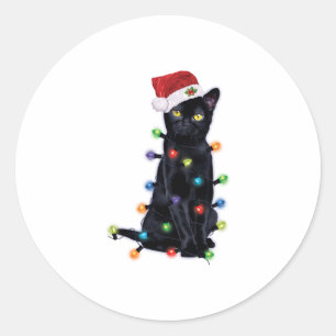 Adesivo Redondo Gato Papai Noel Preto com luzes de natal
