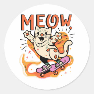 Adesivo Redondo Gato Patinando Meow