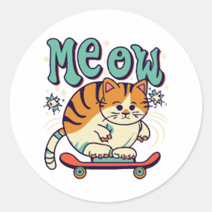 Adesivo Redondo Gato Patinando Meow