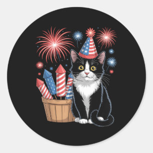 Adesivo Redondo Gato Patriótico América Gatos Bandeira EUA Fogos 4