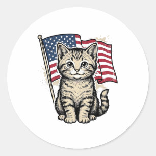 Adesivo Redondo Gato Patriótico com Vetor Vintage de Bandeira Amer