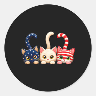 Adesivo Redondo Gato Patriótico do Dia 4 de Julho com Bandeira Ame