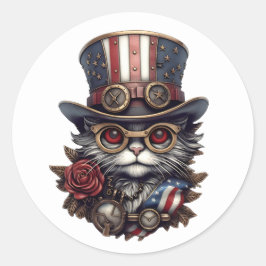 Adesivo Redondo Gato Patriótico Steampunk com Óculos