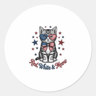 Adesivo Redondo Gato Patriótico Vermelho Branco e Meow Design Vint