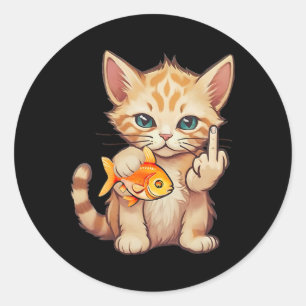 Adesivo Redondo Gato Peixe Dourado Dedo F U É Meu Peixe Engraçado