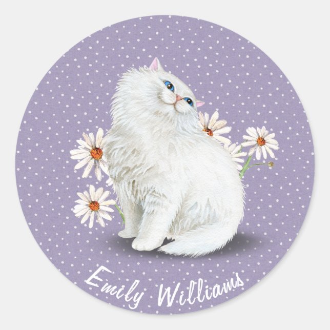 Adesivo Redondo Gato persa branco em pontos de alfinetes (Frente)