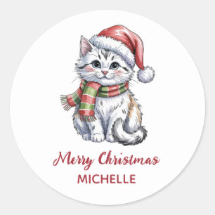 Adesivo Redondo Gato Personalizado com Chapéu de Natal 