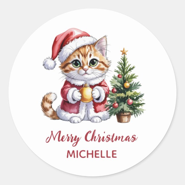 Adesivo Redondo Gato personalizado com chapéu de Papai Noel árvore (Frente)