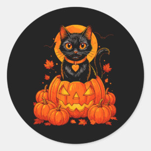 Adesivo Redondo Gato Preto Abóbora Lua Halloween Outono