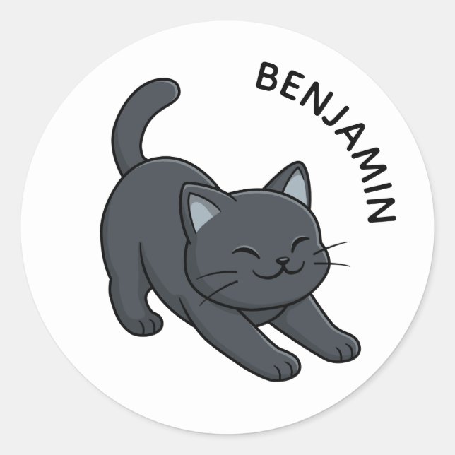 Adesivo Redondo Gato Preto Alongado Nome Personalizado (Frente)