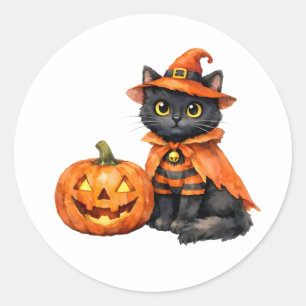Adesivo Redondo Gato preto aquarela em fantasia de Halloween