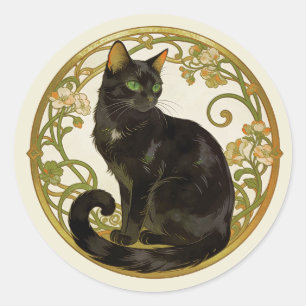 Adesivo Redondo Gato Preto Art Nouveau