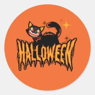 Adesivo Redondo Gato Preto Assustador de Halloween Vintage
