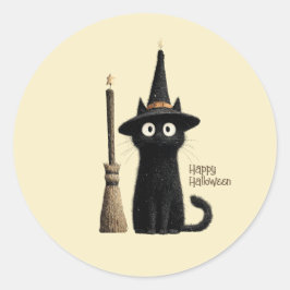 Adesivo Redondo Gato Preto Caprichoso Feliz Halloween