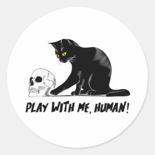 Adesivo Redondo Gato Preto Com Caveira Brincando Comigo Cansado