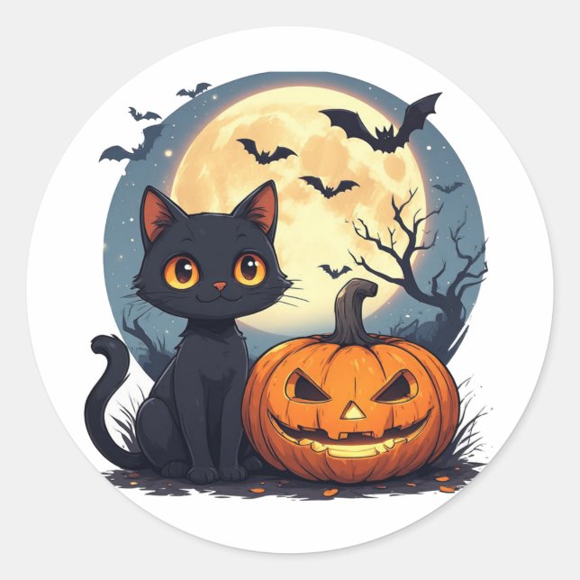 Adesivo Redondo Gato Preto Com Morcegos Voadores Halloween 🎃 (Frente)