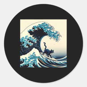 Adesivo Redondo Gato Preto Com Surf Surfando A Grande Onda Homens