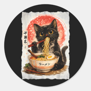 Adesivo Redondo Gato Preto Comendo Ramen Fofo Kawaii Anime Gato
