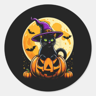Adesivo Redondo Gato Preto de Abóbora do Halloween