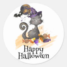 Adesivo Redondo Gato Preto de Aquarela com doces, Halloween
