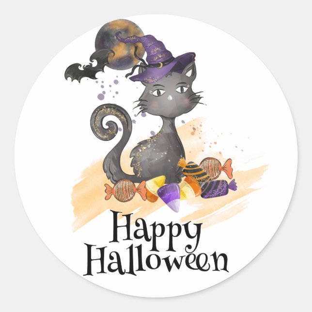 Adesivo Redondo Gato Preto de Aquarela com doces, Halloween (Frente)