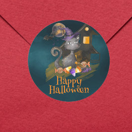 Adesivo Redondo Gato Preto de Aquarela com doces, Halloween