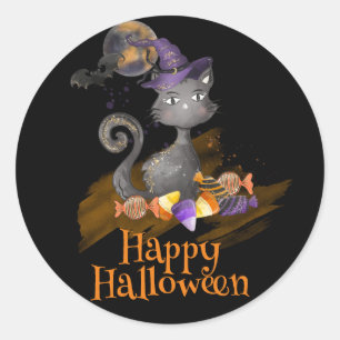 Adesivo Redondo Gato Preto de Aquarela com doces, Halloween