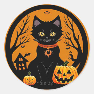 Adesivo Redondo Gato Preto de Halloween Cercado por Abóboras de Ha