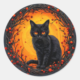 Adesivo Redondo Gato Preto de Halloween com Olhos Brilhantes