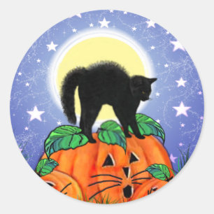 Adesivo Redondo Gato Preto de Halloween com Pumpkins Stickers