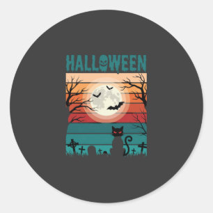 Adesivo Redondo Gato Preto De Halloween Lua Cemitério Vetor Retro