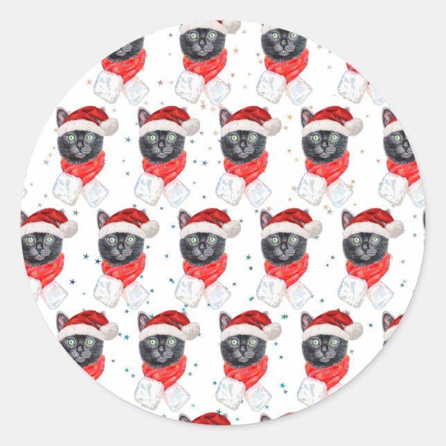Adesivo Redondo Gato Preto de Natal com Cachecol Vermelho (Frente)