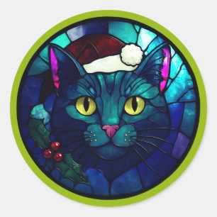 Adesivo Redondo Gato Preto de Natal em Chapéu Vermelho em Vitral