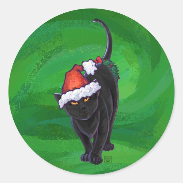 Adesivo Redondo Gato Preto de Natal em Verde (Frente)