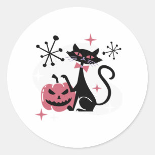 Adesivo Redondo Gato Preto de Retro Meio século de Halloween