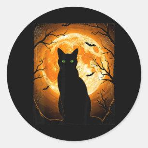 Adesivo Redondo Gato Preto Dia das Bruxas Lua Assustadora Amantes 