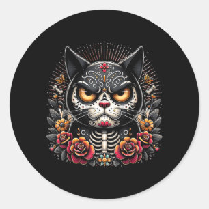 Adesivo Redondo Gato Preto Dia De Los Muertos Gato Preto Mal-Humor