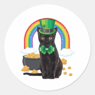Adesivo Redondo Gato Preto Dia de São Patrício Leprechaun Trevo