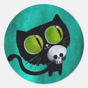 Adesivo Redondo Gato preto do Dia das Bruxas com crânio
