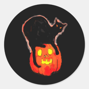 Adesivo Redondo Gato Preto do Halloween no Pumpkin Laranja Brilhan