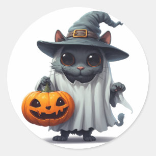 Adesivo Redondo Gato Preto do Halloween Segurando Acento de Abóbor