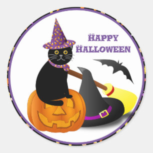 Adesivo Redondo Gato Preto e Abóbora Feliz Halloween
