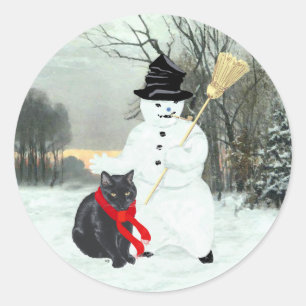 Adesivo Redondo Gato Preto e Boneco de Neve