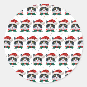 Adesivo Redondo Gato Preto e Branco Fofo Com Chapéu de Papai Noel