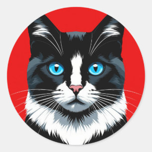 Adesivo Redondo Gato Preto e Branco Olhos Azuis 🐱 Felino Vibrante