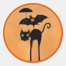 Adesivo Redondo Gato Preto e Morcego Engraçados de Halloween