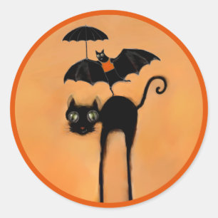 Adesivo Redondo Gato Preto e Morcego Engraçados de Halloween