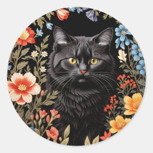 Adesivo Redondo Gato Preto Elegante Floral Colorido