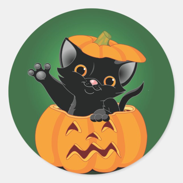 Adesivo Redondo Gato Preto Em Pumpkin Stickers (Frente)