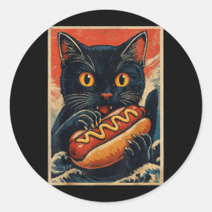 Adesivo Redondo Gato Preto Engraçado Comendo Cachorro Quente Japon